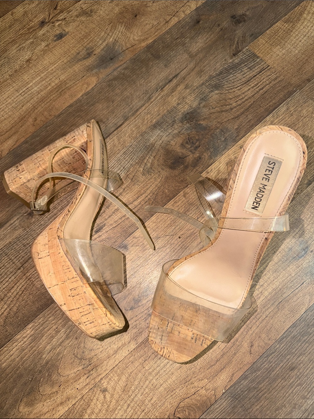 Steve Madden Clear Strap Cork Platform Heels - Nude/Clear